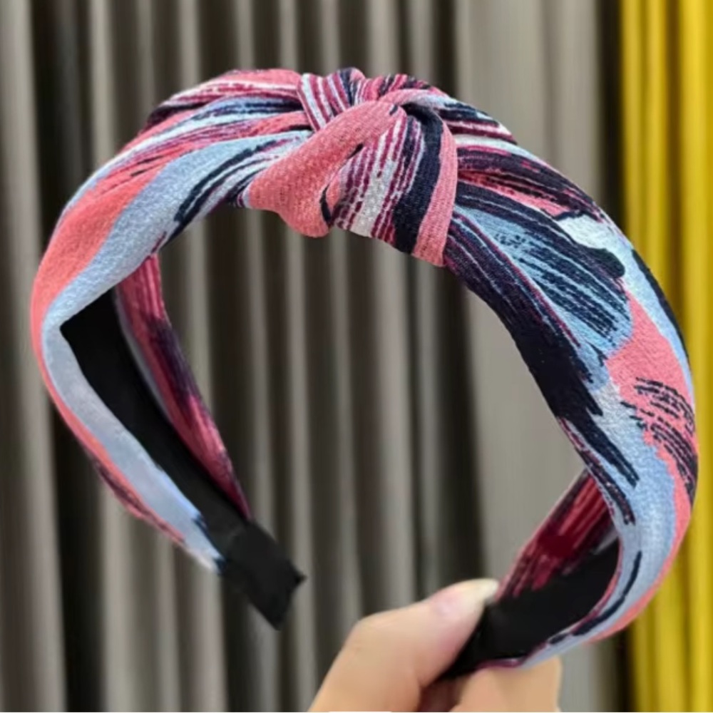 Rose and Navy Silken Brush Strokes Headband with Topknot